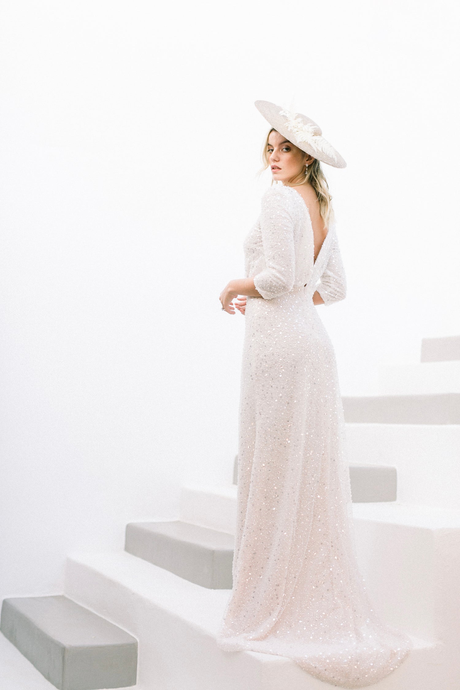 Sequins dress, wooven hat, bride, wedding in Paros