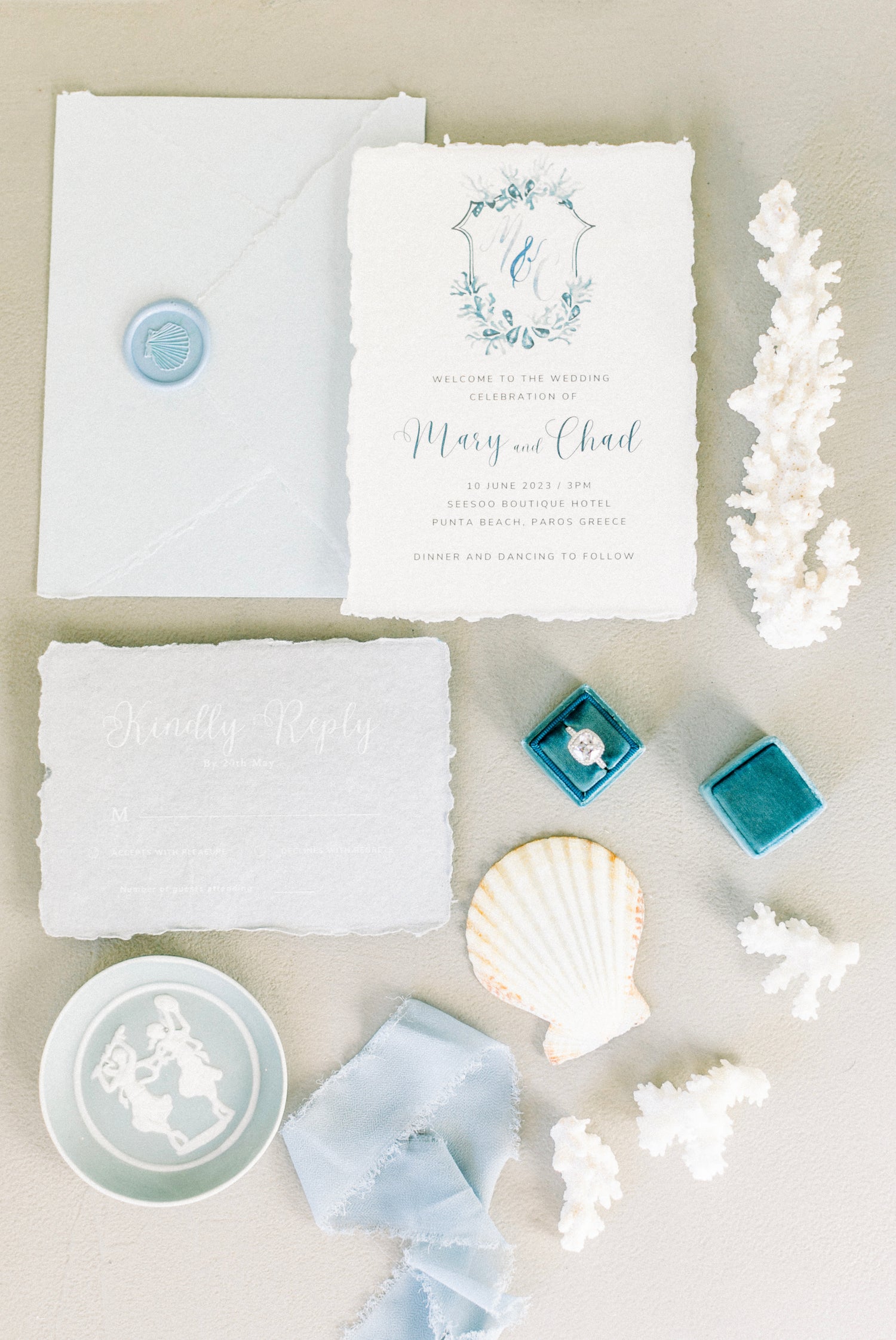 Wedding invitation, light blue, wedding in Paros