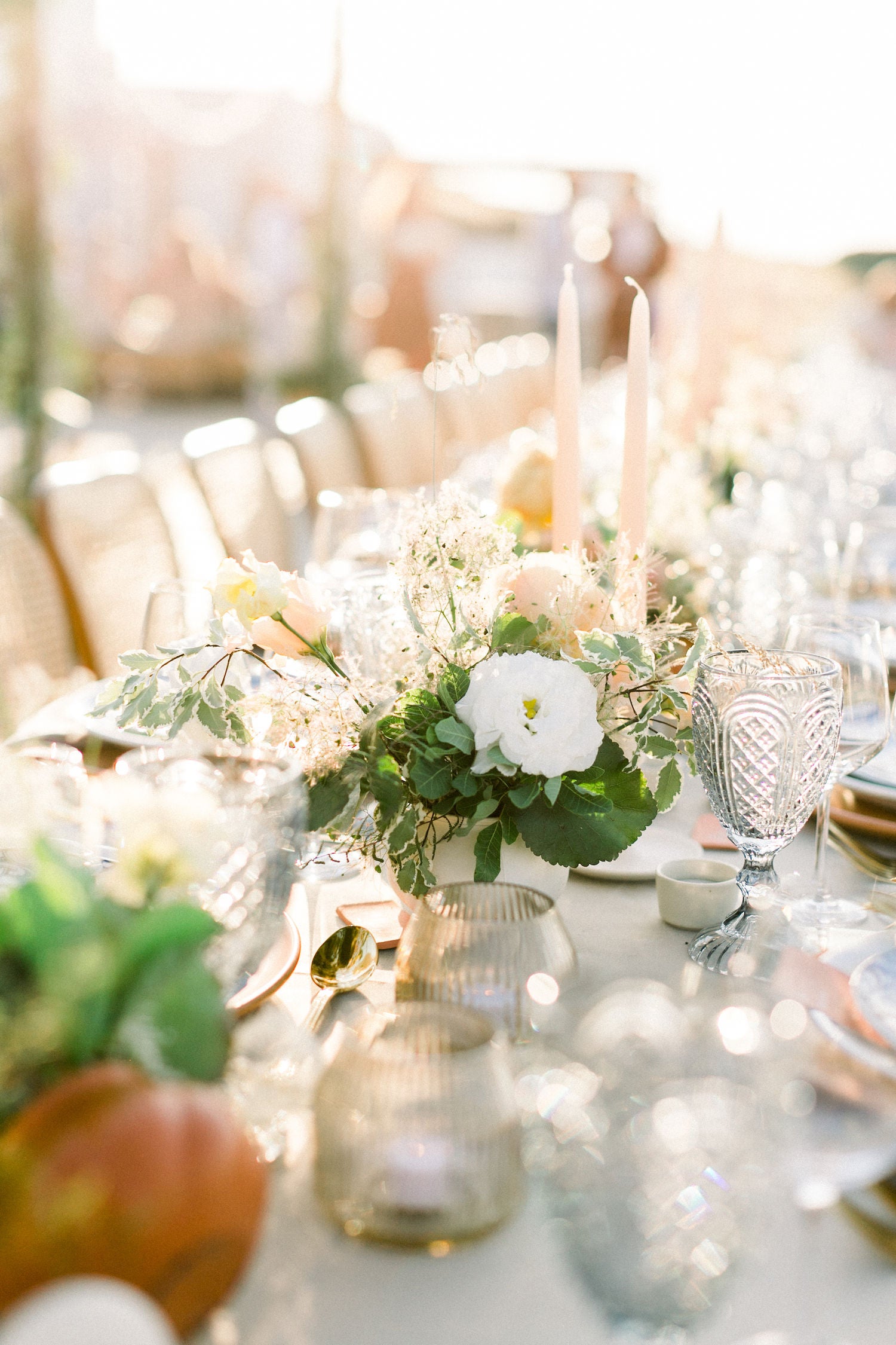 Wedding decoration, floral centerpiece, terracotta, Paros wedding, Greece, wedding planner