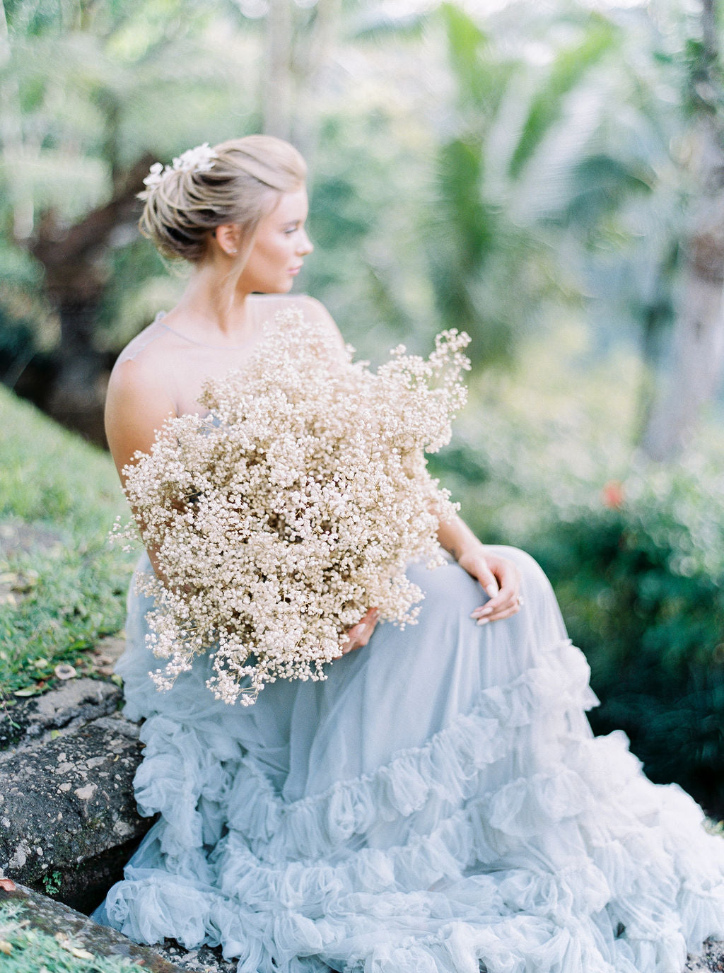 Bride with a dried bouquet, light blue dress, Paros wedding, Greece, wedding planner